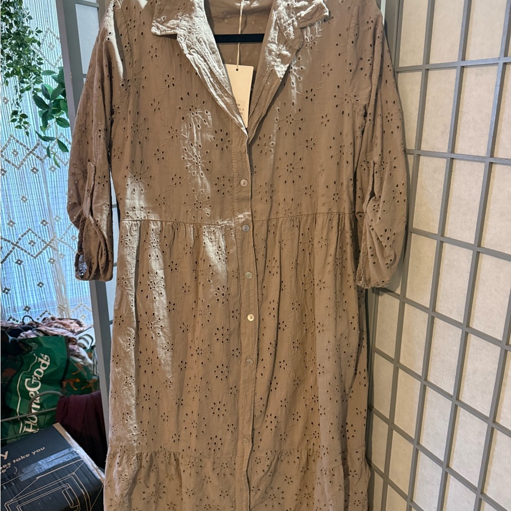 Button-Front Eyelet Long Sleeve Midi Dress in Taupe